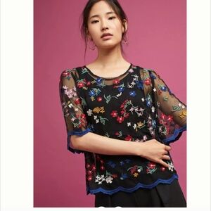 Maeve Anthropologie Black Floral Embroidered Blouse Fairy Cottage Prairie, XXS